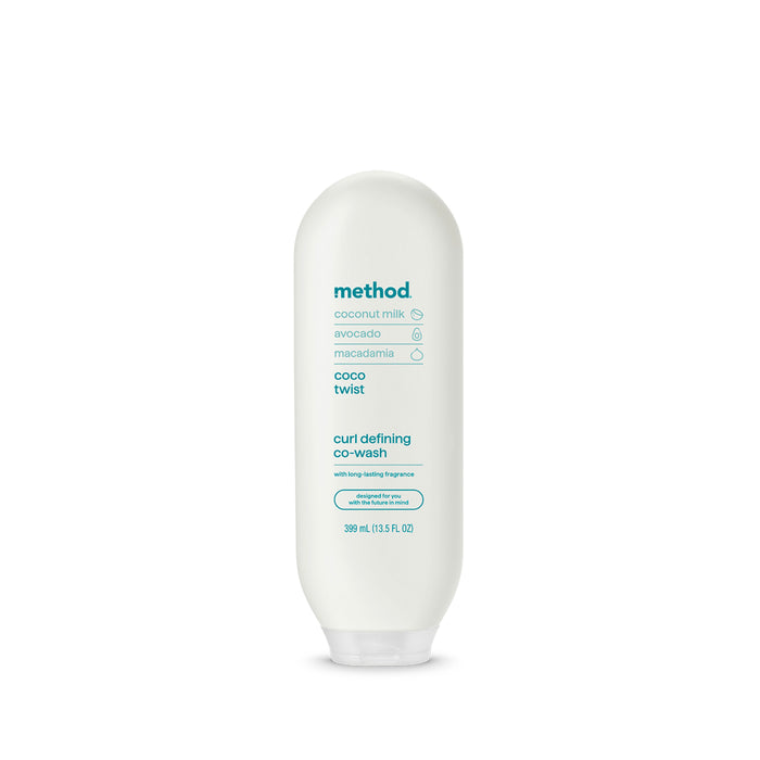 A white bottle of Method curl defining co-wash with coconut milk, avocado, and macadamia. The label is minimalist, featuring blue and green text on a plain background. The bottle size is 399 mL (13.5 fl oz).