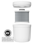 Exploded view of a white Epic Water Filters USA Pure XP Replacement Filter showing the top, filter element, and bottom sections separated. An NSF certification logo and text appear in the corner, emphasizing its advanced water filtration performance.