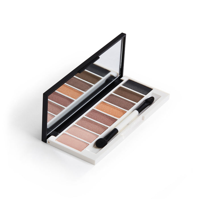 An open eyeshadow palette with ten shades ranging from light pinks to dark browns and grays, a dual-ended applicator, and an interior mirror, set against a white background.