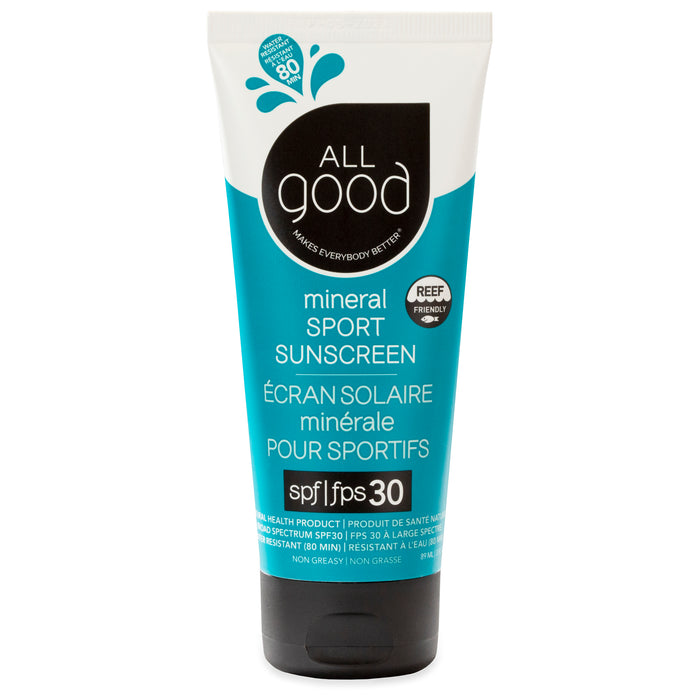 The All Good Mineral Sport Sunscreen SPF 30, in a blue and white tube, features a reef-friendly, non-greasy formula. It provides broad-spectrum protection and uses bilingual English and French text to emphasize its eco-conscious benefits.