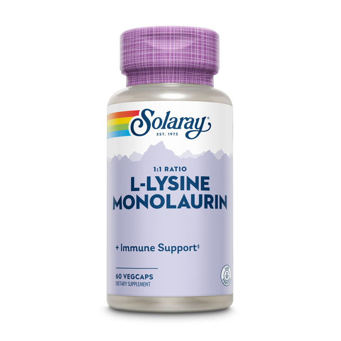 A bottle of Solaray L-Lysine Monolaurin dietary supplement with a purple cap and label. The label indicates a 1:1 ratio, immune support, and contains 60 vegetable capsules.
