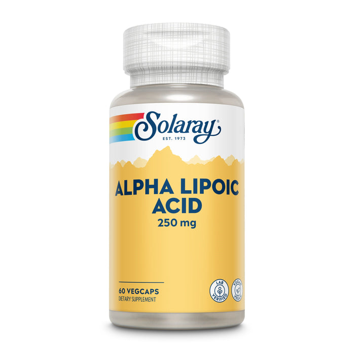 A bottle of Solaray Alpha Lipoic Acid dietary supplement, 250 mg strength, containing 60 vegetable capsules. The label is yellow and white with a rainbow design and features certification icons.