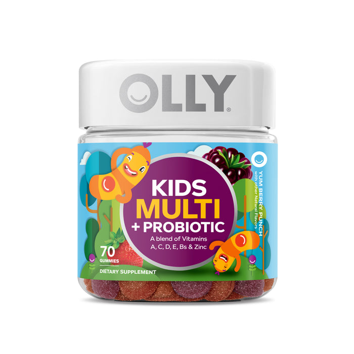 A jar of OLLY Kids Multi + Probiotic gummies, featuring colorful fruit-shaped characters on the label and text highlighting vitamins A, C, D, E, Bs, and zinc. The jar contains 70 gummies.