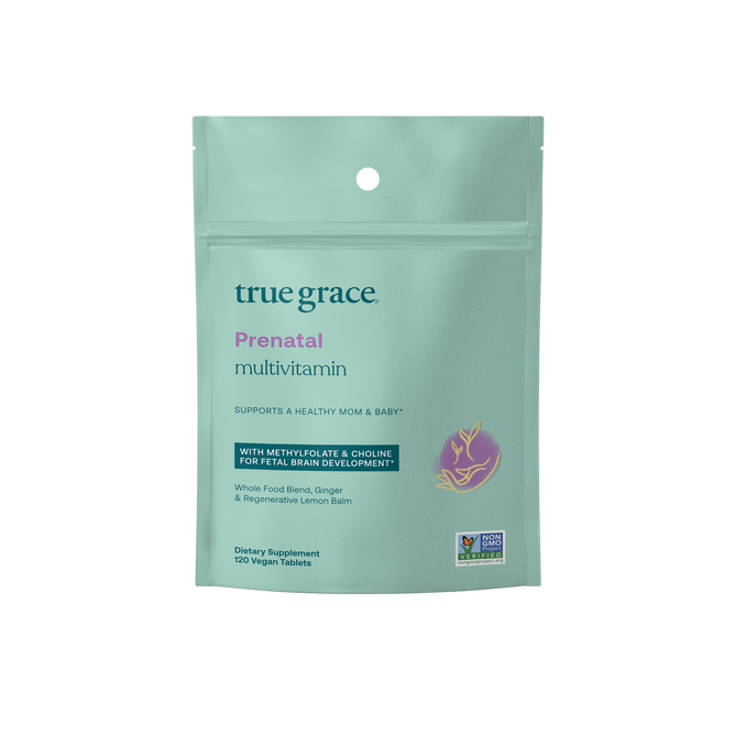 The teal-packaged True Grace Prenatal Multivitamin offers 120 vegan tablets, enriched with methyl-folate and choline for brain development, alongside whole food ingredients such as lemon balm and ginger, making it a non-GMO supplement ideal for expecting mothers.