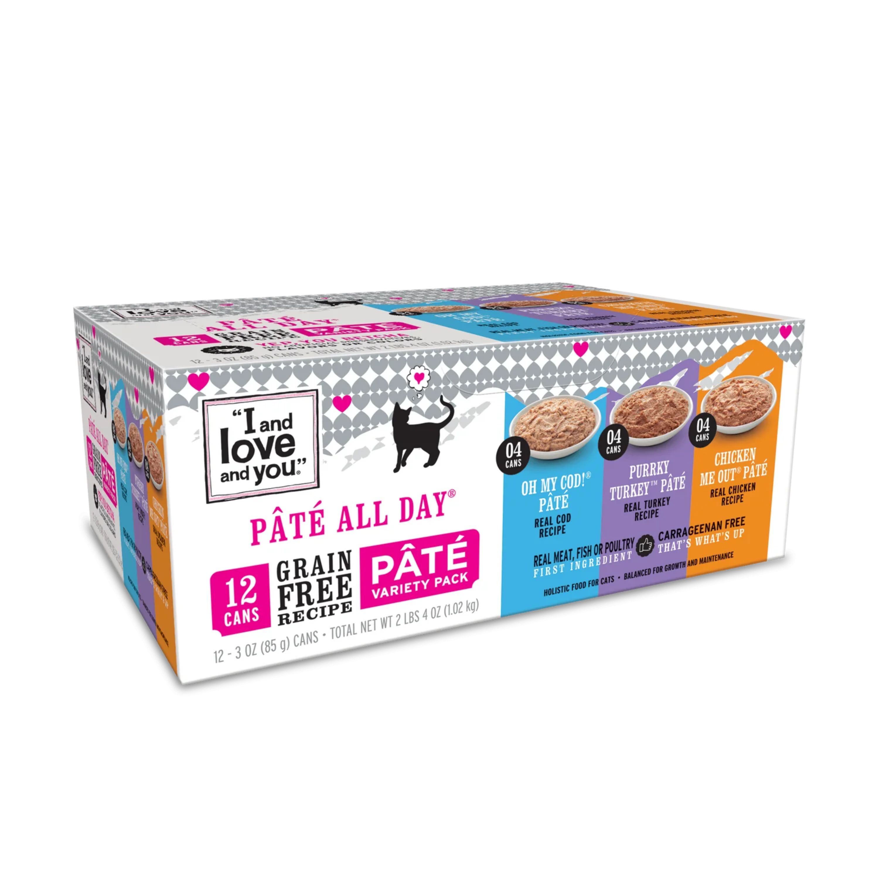 An image displays a 12-can pack of I and Love and You Naked Essentials Cat Food - Paté All Day Variety Pack, featuring colorful, recyclable packaging with flavors like Oh My Cod!, Purrky Turkey, Chicken Me Out, and Carb Lovers in a protein-packed grain-free recipe.