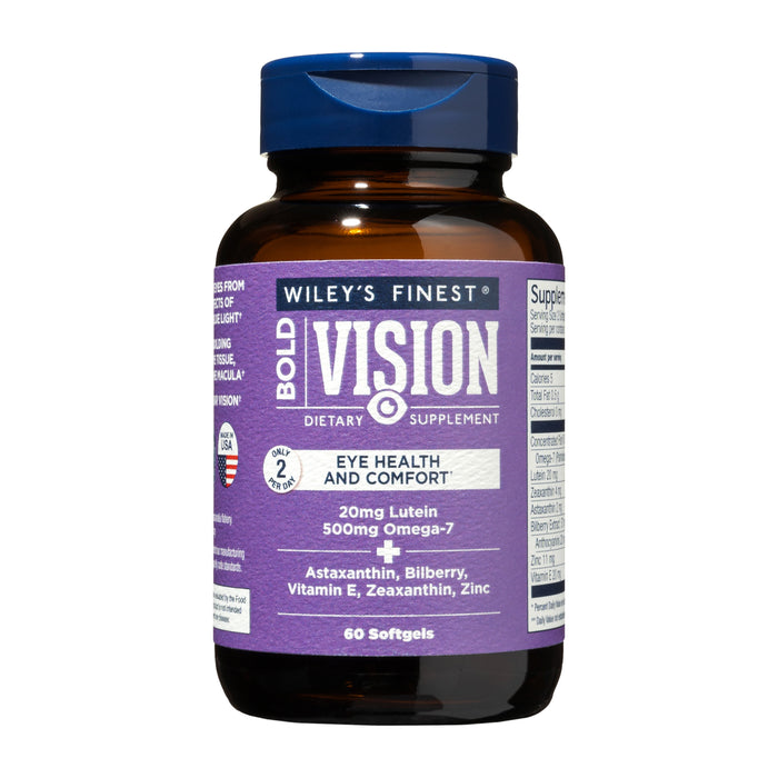 A brown bottle labeled Wiley’s Finest Bold Vision Dietary Supplement with a purple label. It highlights eye health and comfort, containing lutein, omega-7, astaxanthin, bilberry, vitamin E, zeaxanthin, and zinc.