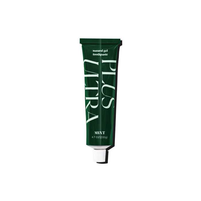 A dark green tube of PLUS ULTRA natural gel toothpaste in the flavor Mint, with a white cap, standing upright against a white background.