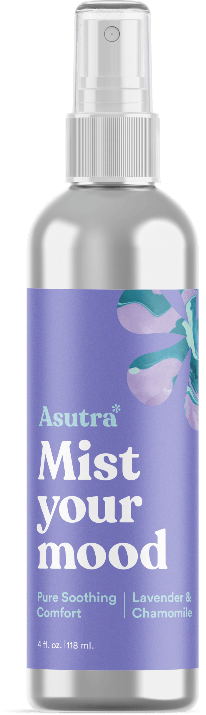 A silver spray bottle labeled Asutra Mist Your Mood with a purple label featuring lavender and chamomile design and text reading Pure Soothing Comfort, Lavender & Chamomile, 4 fl. oz. / 118 ml.