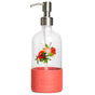 The Grove Co. refillable dish soap dispenser has a glass body, stainless steel pump, and coral silicone sleeve with floral and pomegranate designs. Grove Collaborative is embossed on the sleeve, making it ideal for those aiming to cut plastic waste in their sustainable home.