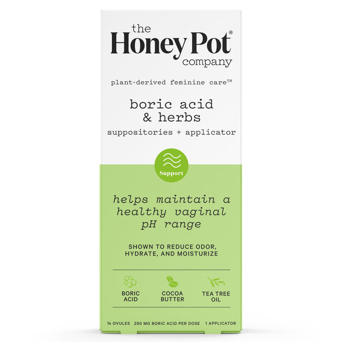 A box of The Honey Pot Company boric acid & herbs suppositories, featuring text about plant-derived feminine care, supporting vaginal pH balance, and ingredients like boric acid, cocoa butter, and tea tree oil.