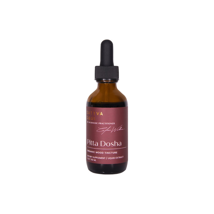 A brown glass dropper bottle labeled Pitta Dosha organic mood tincture with a maroon label and black dropper cap, displayed on a white background.