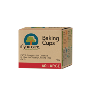A box of If You Care Large Baking Cups, featuring FSC and compostable certification, totally chlorine-free with easy release. The package contains 60 large cups with a tree logo and colorful icons.