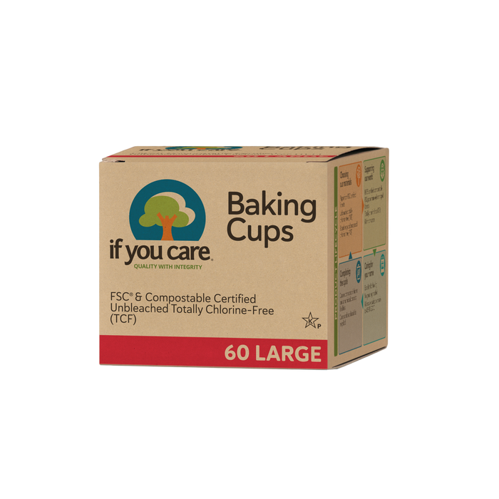 A box of If You Care large baking cups, labeled FSC certified, compostable, and totally chlorine-free. The box contains 60 baking cups and features eco-friendly messaging.