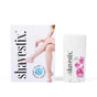 The Shavestix Solid Shave Stick set includes a box featuring a person shaving their leg with the text shavestix, alongside a container labeled shavestix adorned with pink peonies, infused with coconut oil for a smooth shave without cuts, bumps, or razor burn.