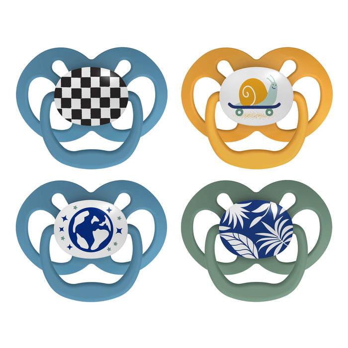 Four colorful baby pacifiers with different designs: a black-and-white checkerboard, a yellow snail on wheels, a blue Earth with stars, and white leaves on a blue background.