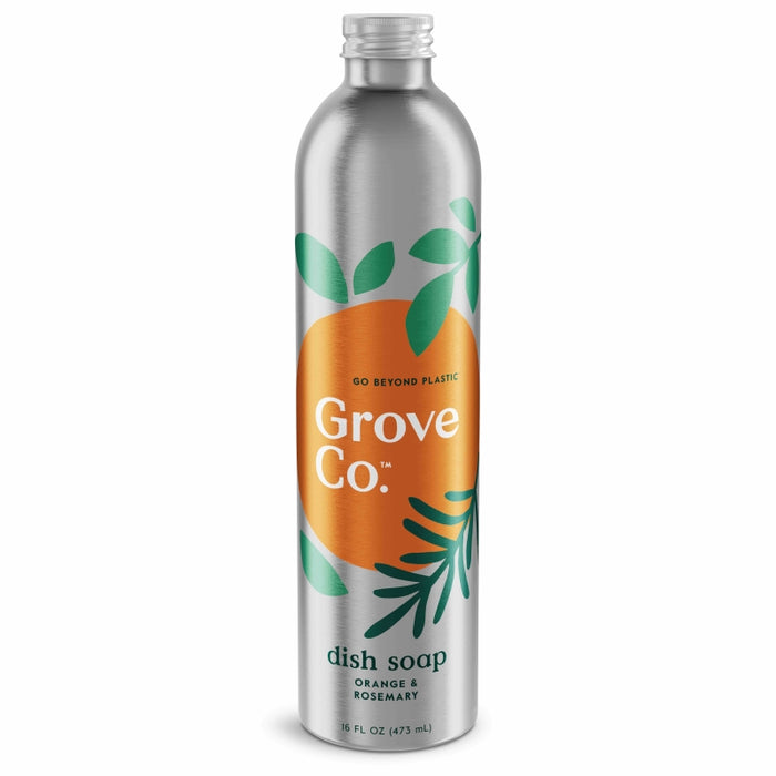 A silver metal bottle of Grove Co. dish soap with orange and green leaf graphics. The label reads Go Beyond Plastic and Orange & Rosemary, containing 16 fl oz (473 mL).
