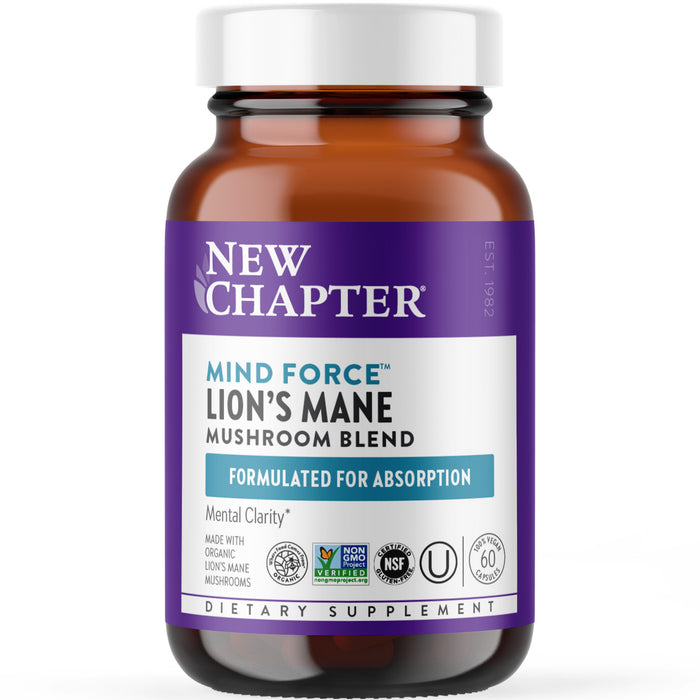A brown bottle labeled New Chapter Mind Force Lion’s Mane Mushroom Blend dietary supplement, featuring logos for USDA Organic, Non-GMO, NSF, and vegan certifications. The bottle contains 60 capsules.