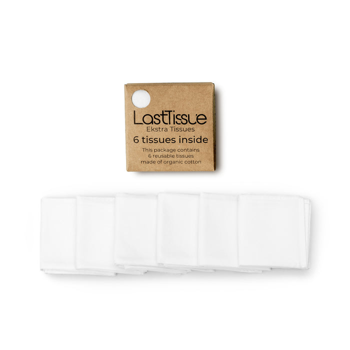 A brown cardboard package labeled LostTissue Extra Tissues with six white reusable cotton tissues neatly folded and displayed below it.
