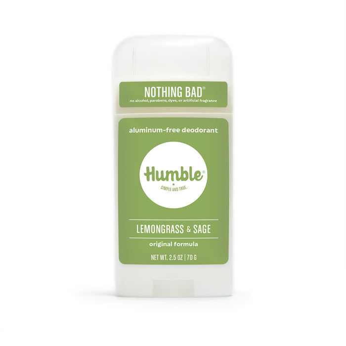 A stick of Humble aluminum-free deodorant in lemongrass & sage scent. The label is green with white text and highlights nothing bad and original formula. The container is white and holds 2.5 oz.