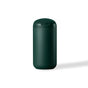A dark green, cylindrical, minimalist travel mug with a rounded lid sits upright on a white background.