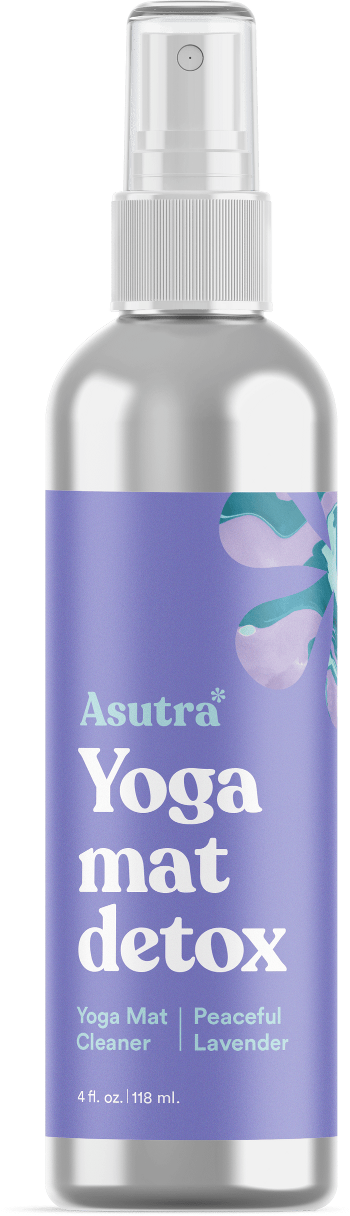 A silver spray bottle labeled Asutra Yoga Mat Detox with purple and white text, featuring Yoga Mat Cleaner and Peaceful Lavender on the label, and a floral design on the right side.