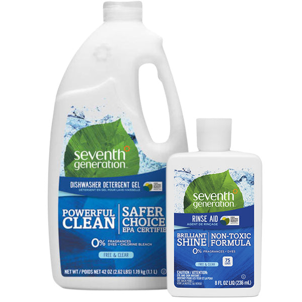 The Dishwasher Detergent Gel Starter Set from Seventh Generation includes a large bottle labeled Powerful Clean Safer Choice and a smaller chlorine-free rinse aid labeled Brilliant Shine Non-Toxic Formula, both promoting eco-friendly features.