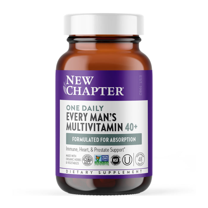 A brown bottle labeled New Chapter One Daily Every Man’s Multivitamin 40+ with text highlighting immune, heart, and prostate support, and certifications for organic herbs, NSF, vegan, and gluten-free.