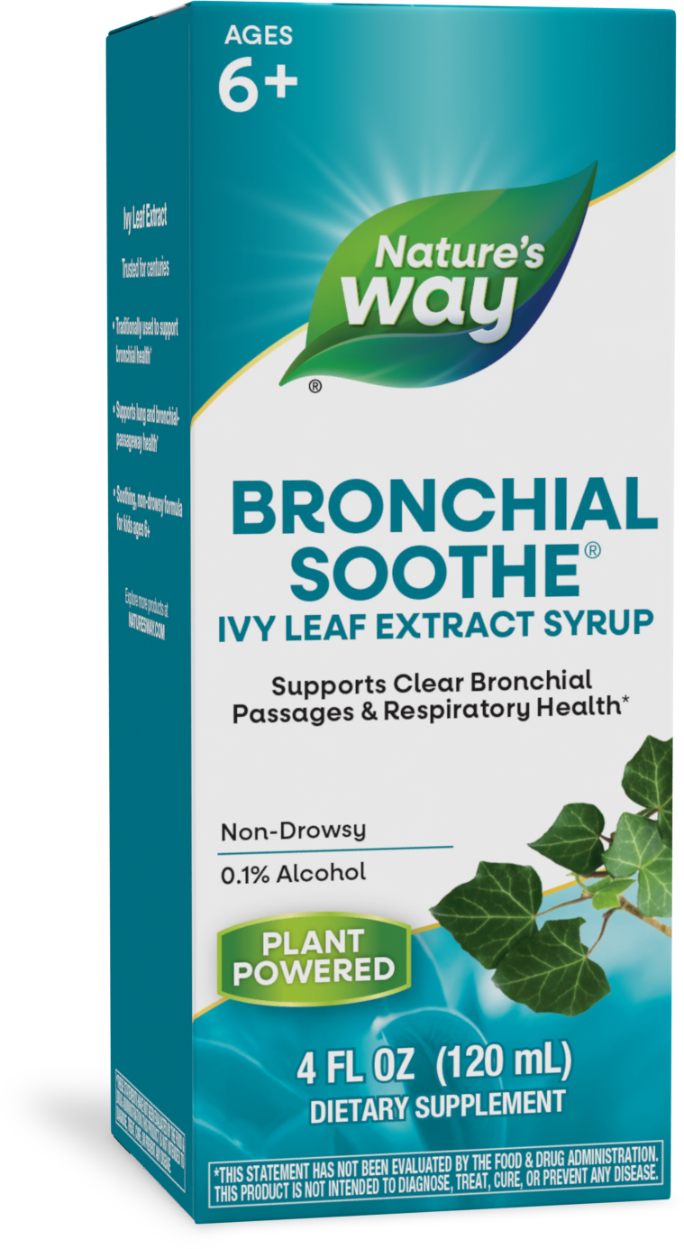 Nature’s Way Bronchial Soothe® Ivy Leaf Extract Syrup, a non-drowsy formula for ages 6+, supports bronchial and respiratory health. The 4 fl oz bottle contains 0.1% alcohol and is plant-powered for effective relief.