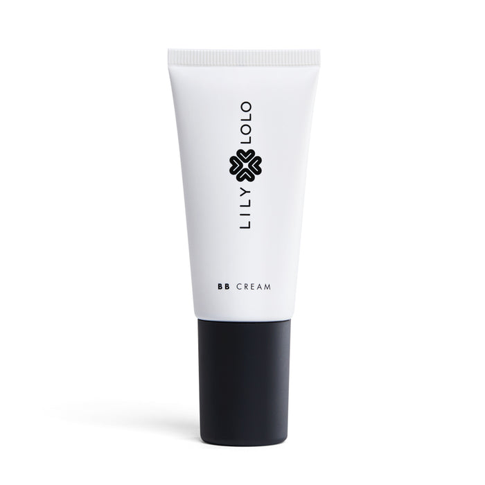 A white tube of Lily Lolo BB Cream with a black cap, standing upright. The brand name and logo are printed vertically in black on the front of the tube.
