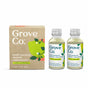 Two glass bottles of Grove Co. multi-purpose cleaner concentrate (citron & white rose) are placed next to the product’s cardboard box, which features green leaf illustrations and product information.