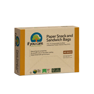 A beige box of If You Care Unbleached Paper Sandwich Bags, FSC and Compostable Certified, contains 48 bags. It highlights natural barrier properties and keeps bread soft for up to 6 hours, making it ideal for sustainable food storage.