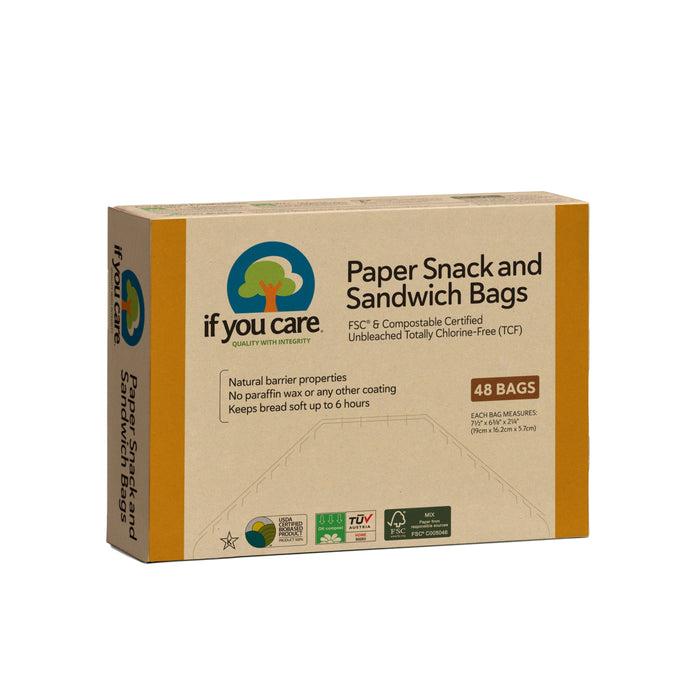 A box of If You Care Paper Snack and Sandwich Bags, featuring eco-friendly and compostable claims. The packaging is brown with green accents and states it contains 48 bags.