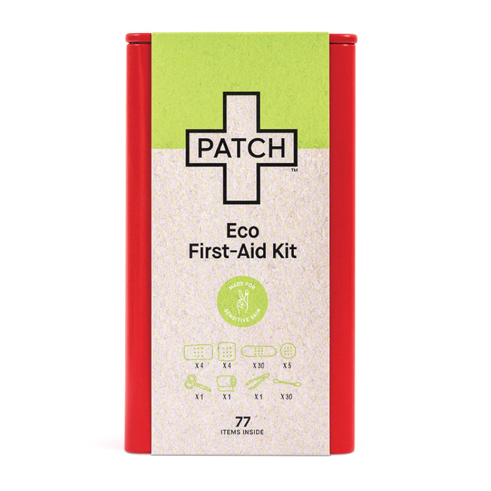 A red metal tin labeled “PATCH Eco First-Aid Kit” with a cross symbol and text indicating it is made for sensitive skin. The kit contains 77 items and shows small icons of included supplies on the front.