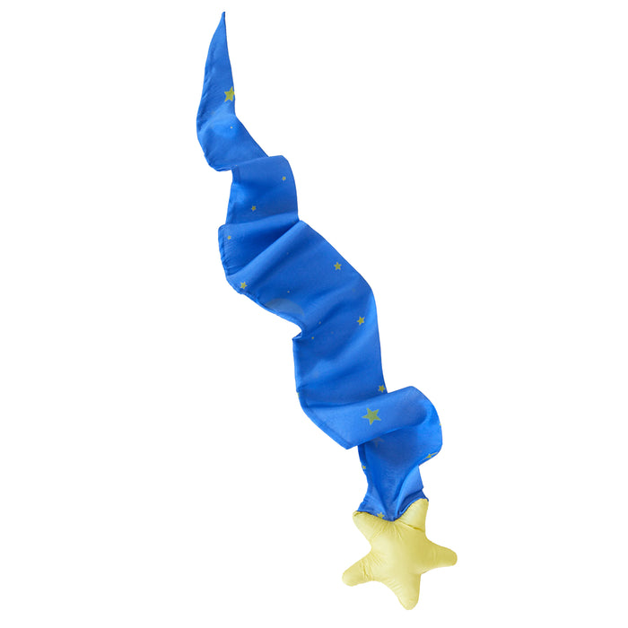 A wavy blue ribbon with small yellow stars and a star-shaped end, embodying the motion of Sarahs Silks Skytail, looks like a magic wand or shooting star on a white background.