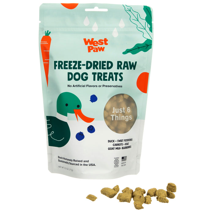 A bag of West Paw Freeze-Dried Raw Dog Treats with illustrated vegetables and a duck, labeled Just 6 Things. The treats are visible inside the bag and some are scattered in front.