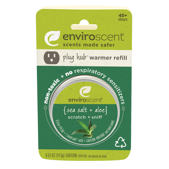 The Enviroscent Plug-in Air Freshener Refill in sea salt and aloe scent offers a scratch-and-sniff section, highlighting its non-toxic formula and absence of respiratory sensitizers. The packaging features aloe imagery and is crafted from recyclable materials.