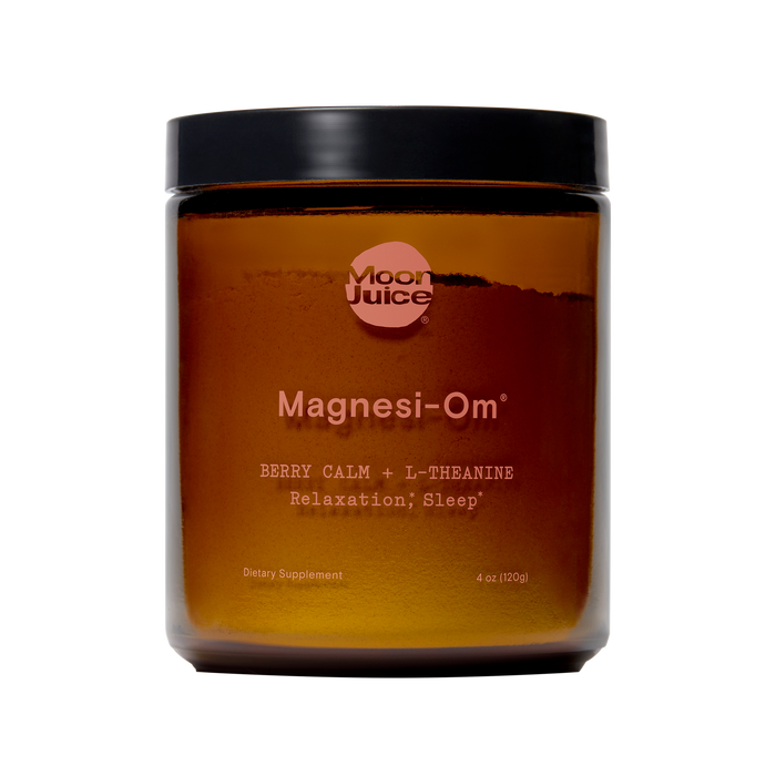 Amber jar of Moon Juice Magnesi-Om dietary supplement with a black lid, labeled Berry Calm + L-Theanine, Relaxation; Sleep, containing 4 oz (120 g) of product.