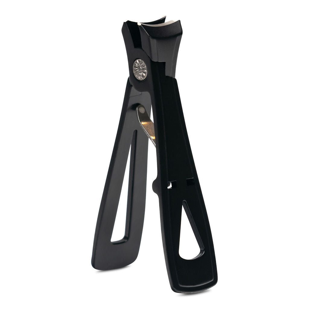 The Dragonfly Wide Mouth Clipper by Rugged Beauty, in black, features a modern design with curved blades and ergonomic handles. These extra-wide nail clippers can stand on their closed ends against a plain white background.
