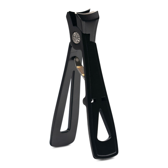 Black nail clipper with wide, angled blades and ergonomic handles, standing upright on a white background.