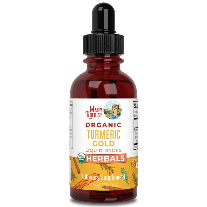 A brown glass dropper bottle labeled Mary Ruths Organic Turmeric Gold Liquid Drops, Herbals, USDA Organic, A Dietary Supplement, 1 fl oz (30 mL) with an illustrated turmeric root and herbs on the label.