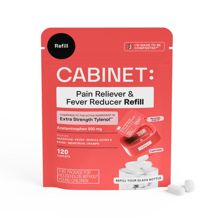 A red refill pouch labeled CABINET: Pain Reliever & Fever Reducer Refill with acetaminophen 500mg, containing 120 caplets. A few white caplets are placed in front of the pouch.