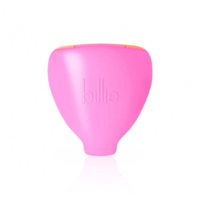 The 5-Blade Women’s Razor Travel Case by billie is a pink, triangular holder with a fin-like extension and a subtle orange accent. It offers an artistic DreamPop vibe, ideal for stylishly packing your razor against a plain white backdrop.