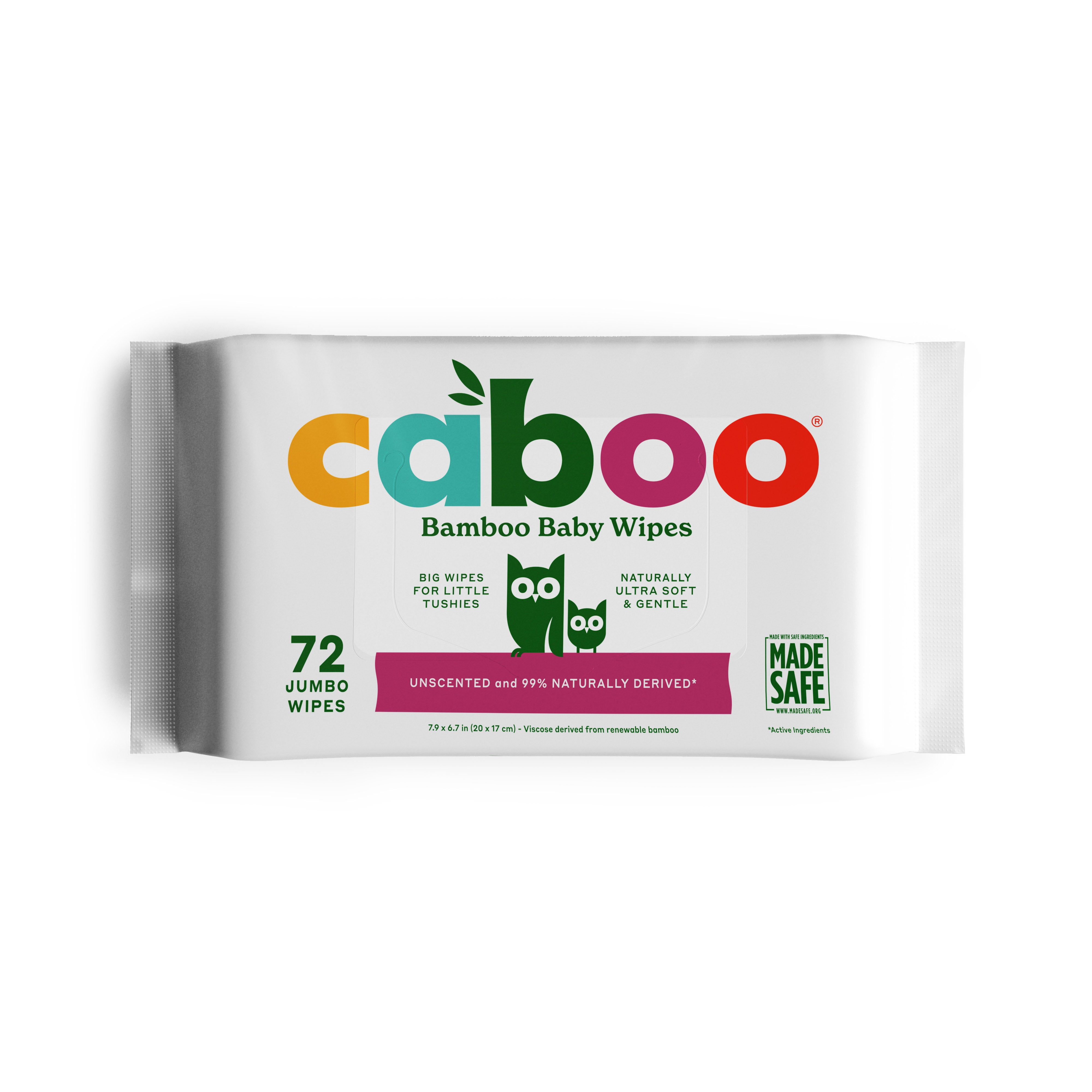 A pack of Caboo Baby Wipes features vibrant branding with Baby Wipes prominently displayed. The packaging includes 72 jumbo unscented wipes, made from 99% naturally derived ingredients, and carries an eco-friendly MADE SAFE® certified label.