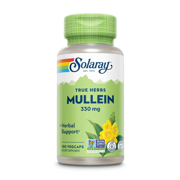 A bottle of Solaray True Herbs Mullein dietary supplement, 330 mg, with 100 veggie capsules. The green label features yellow mullein flowers and displays Non-GMO and other certification logos.