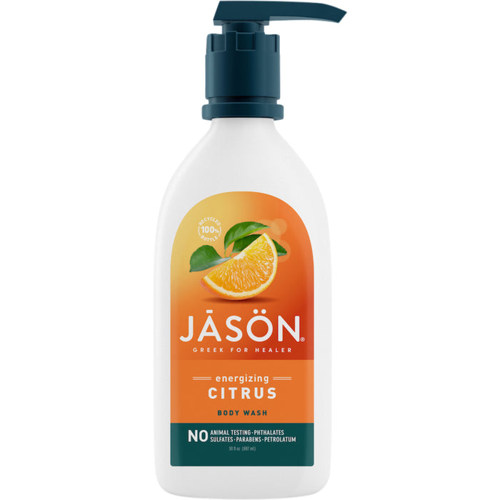 A white pump bottle of JĀSÖN Energizing Citrus Body Wash with an orange label featuring an orange slice. The label highlights that the product has no animal testing, parabens, sulfates, or petrolatum.