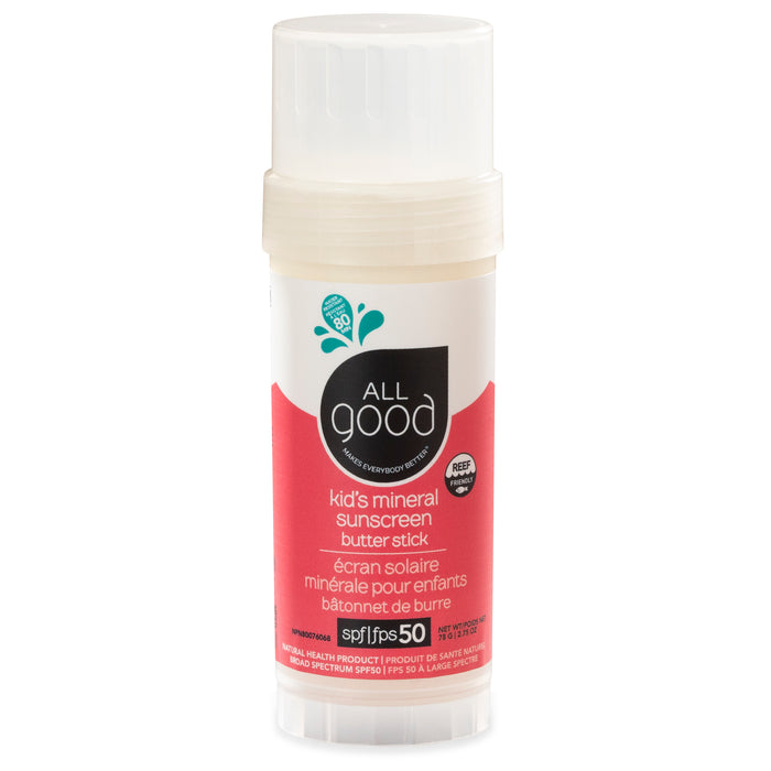 A white and pink tube labeled All Good Kids Mineral Sunscreen Butter Stick with SPF 50, broad spectrum, and mineral ingredients, designed for children. The stick is upright with a clear cap.