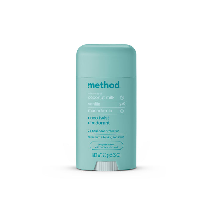 A light blue stick of Method deodorant, labeled coco twist, with coconut milk, vanilla, and macadamia scents. The packaging is sleek, upright, and marked as aluminum- and baking soda-free.