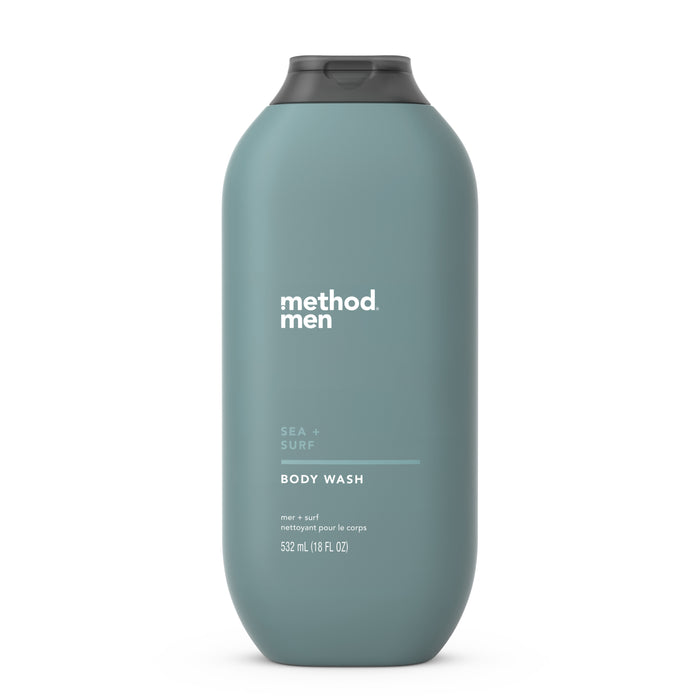 A teal bottle of method Mens Body Starter Set - Sea + Surf with a black flip-top cap, white text, and 532 ml (18 fl oz) capacity.