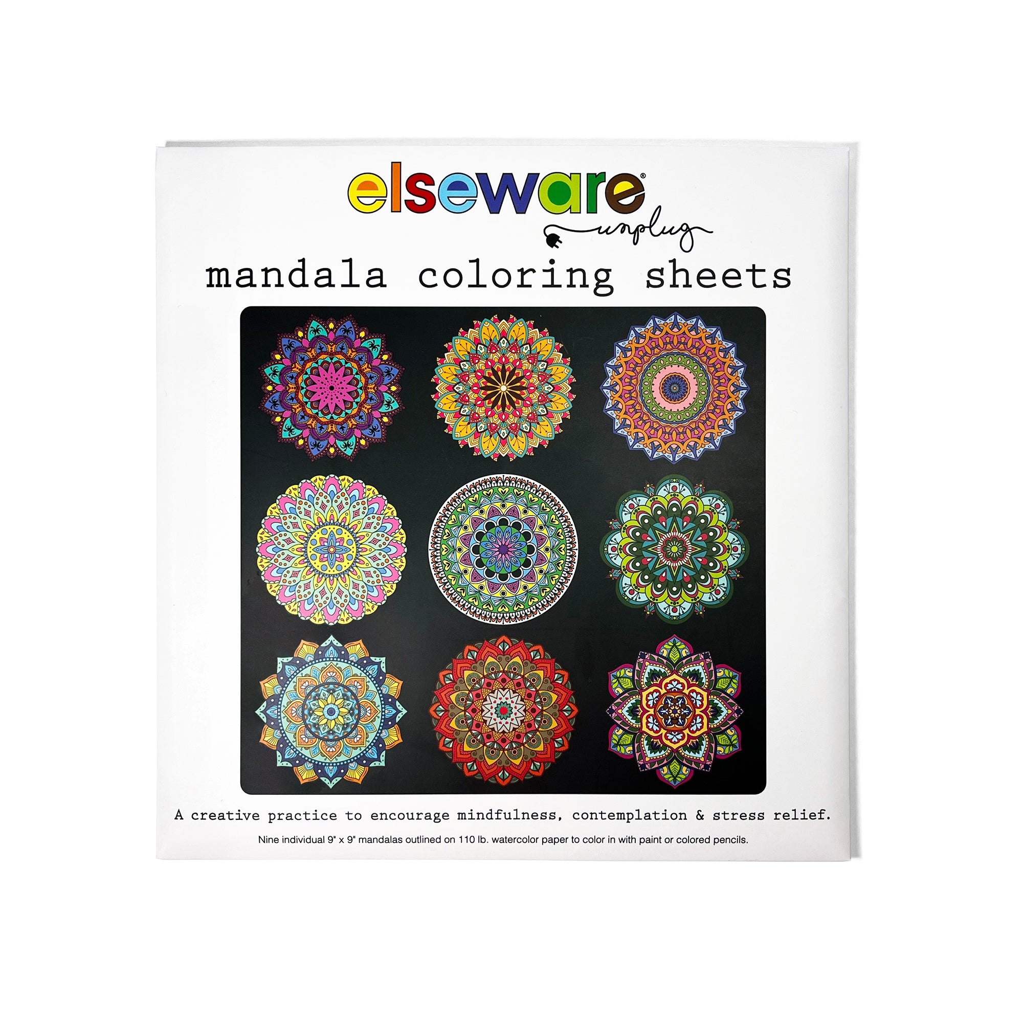 The Elseware Unplug Mandala Coloring Sheets package displays nine vibrant geometric mandalas on the cover, with text promoting mindfulness, contemplation, and stress relief on watercolor paper.