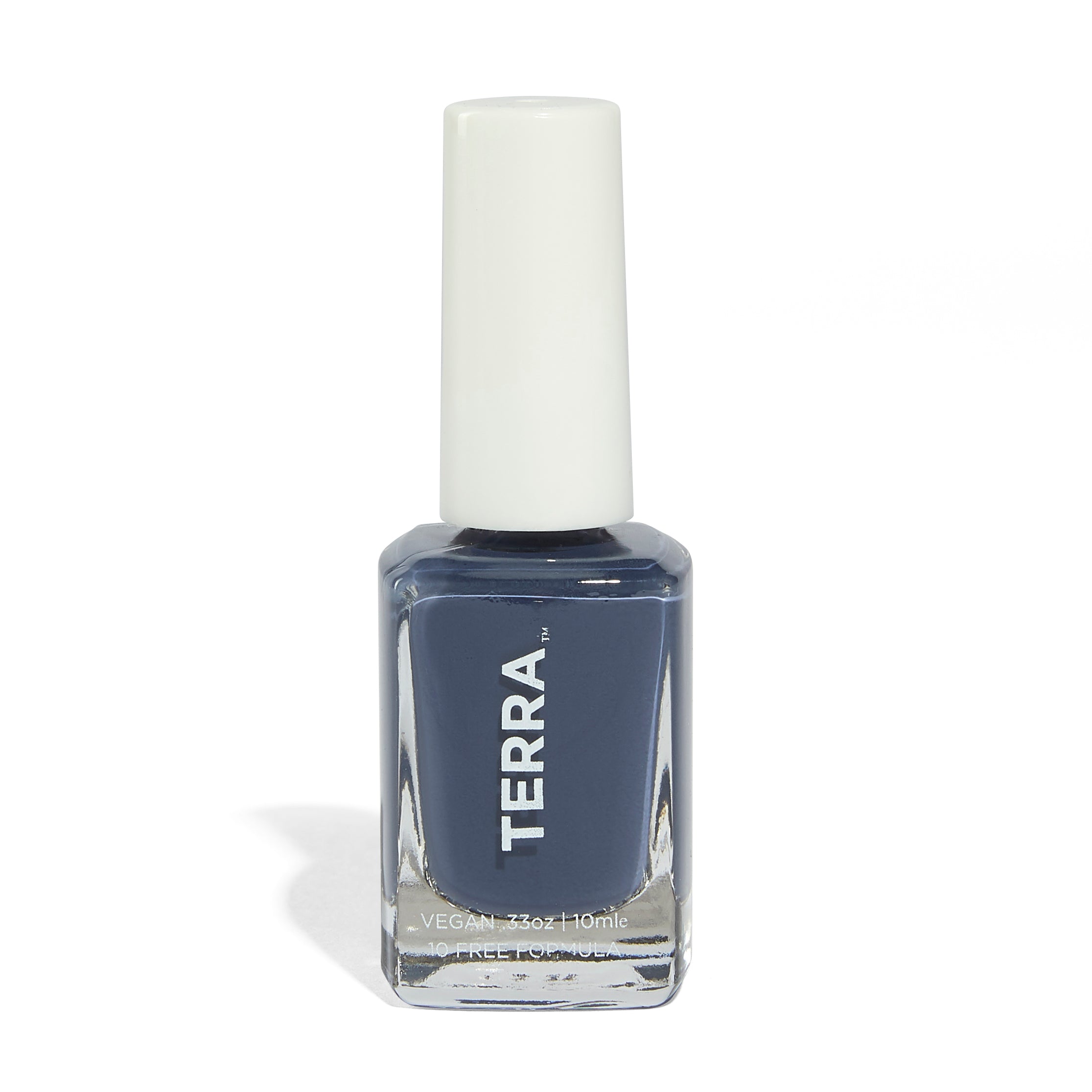 A 0.37 fl oz (11 ml) bottle of dark blue vegan nail polish with a white cap from Terra Beauty Bars, featuring the label TERRA and promoting its plant-based formula.